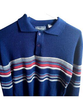 True Vintage Knit Pullover Shirt 1980's Disco Geek Striped Acrylic Polo Sweater